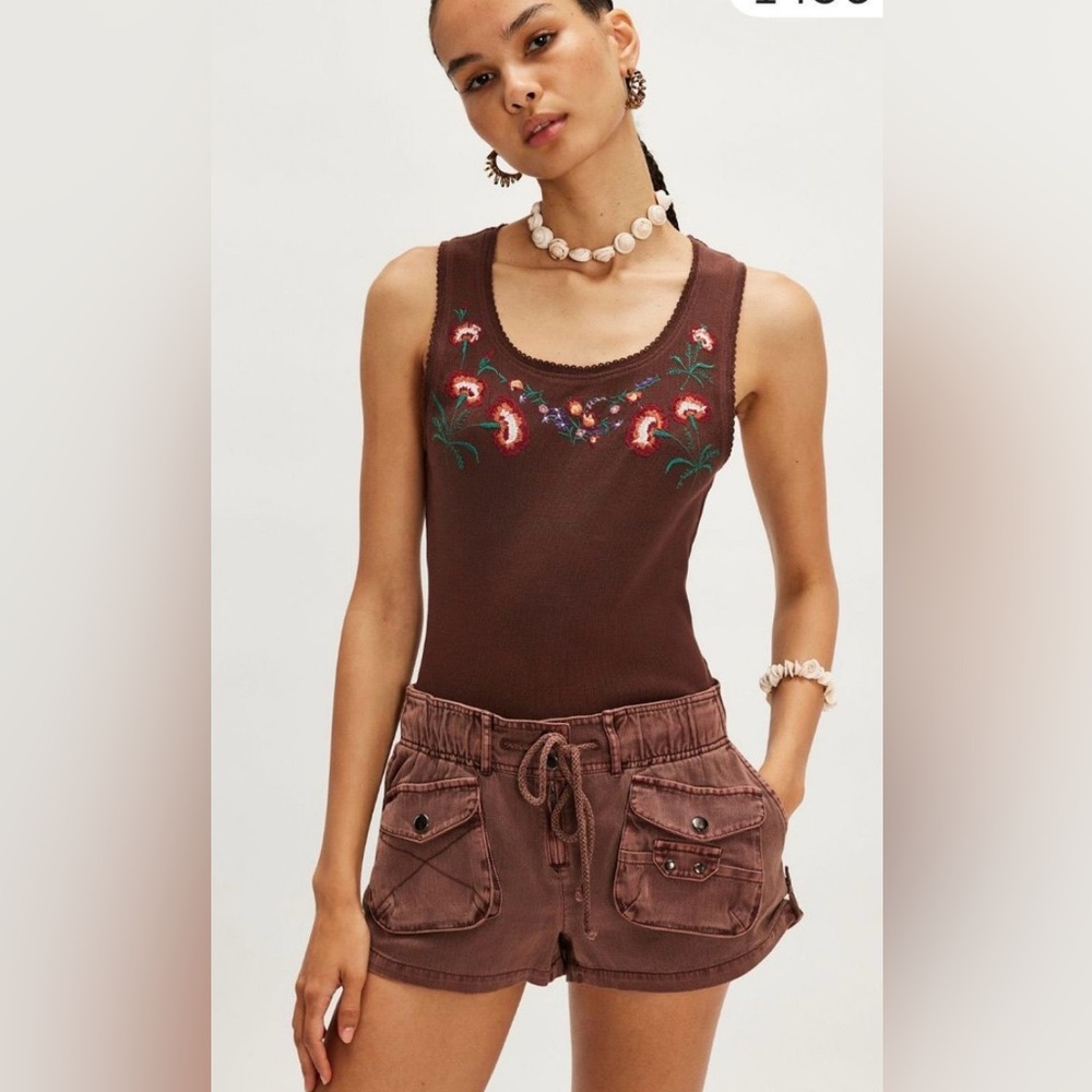 Free People Brown Floral Embroidered Tank Top